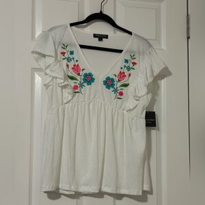 Absolutely Famous White V-Neck Flutter Sleeve Top with Pink & Teal Embroidery